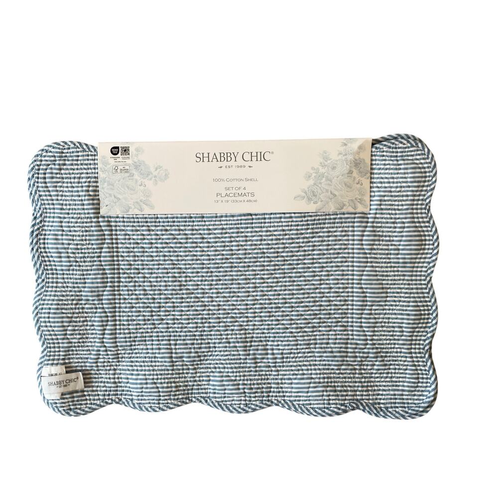Shabby Chic Placemats Blue Hydrangea Reverse Stripes 13x19 Set of 4 Cotton NEW - Picture 4 of 15
